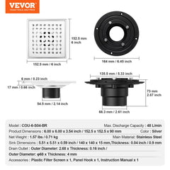 16Inch Linear Shower Drain with Square Pattern Grate,Brushed 304 Stainless Steel Rectangle Shower Floor Drain,Linear Drain with Leveling Feet,Hair Strainer Silver