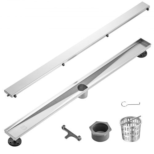 36-inch brushed stainless steel linear shower drain with tile insert, hair strainer, and mounting hardware.