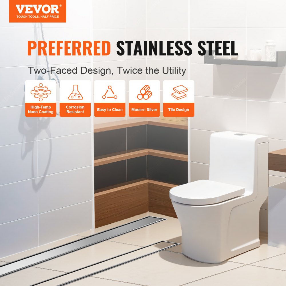 36-inch brushed stainless steel linear shower drain with tile insert option.