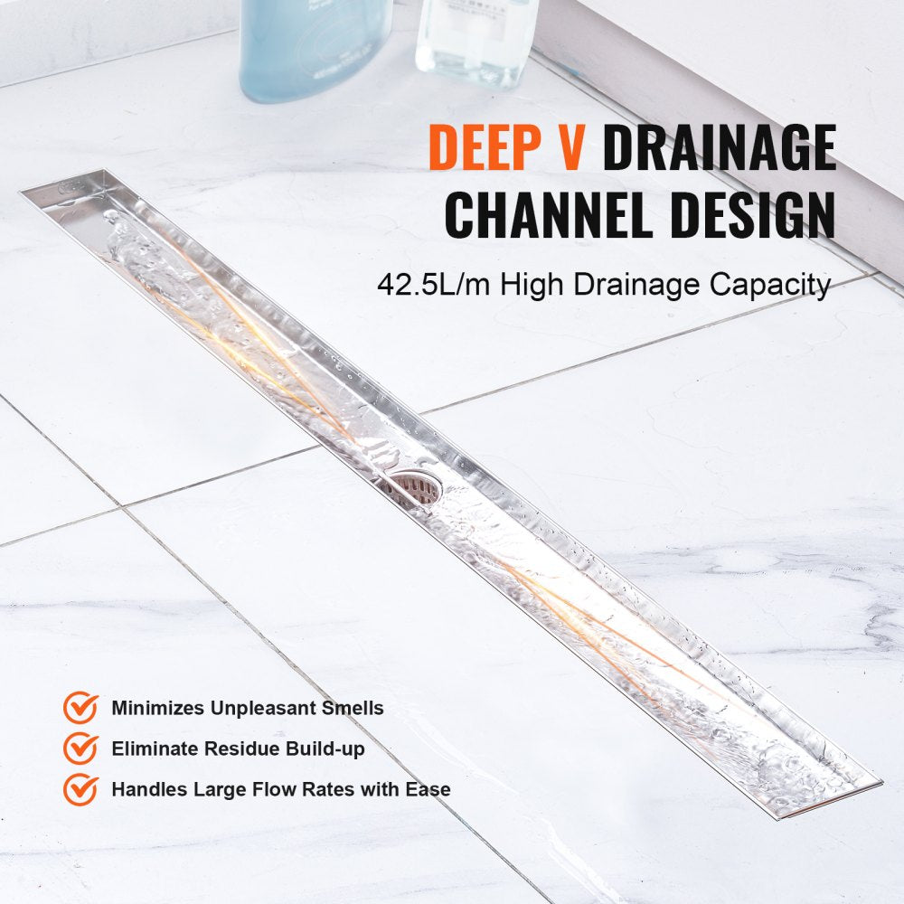 A 36-inch brushed stainless steel linear shower drain with deep V-channel design and tile insert.