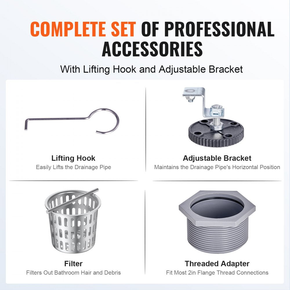 Set of shower drain accessories including lifting hook, adjustable bracket, filter, and threaded adapter.