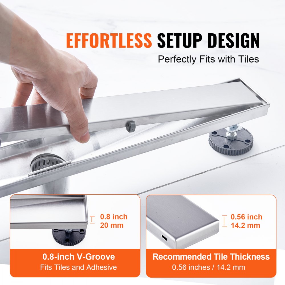 24Inch Linear Shower Drain Offset with Tile Insert Cover,Brushed 304 Stainless Steel Rectangle Shower Floor Drain,Linear Drain with Leveling Feet,Hair Strainer Silver