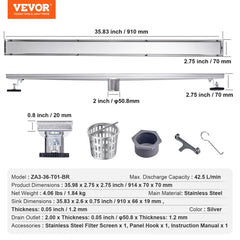 24Inch Linear Shower Drain Offset with Tile Insert Cover,Brushed 304 Stainless Steel Rectangle Shower Floor Drain,Linear Drain with Leveling Feet,Hair Strainer Silver