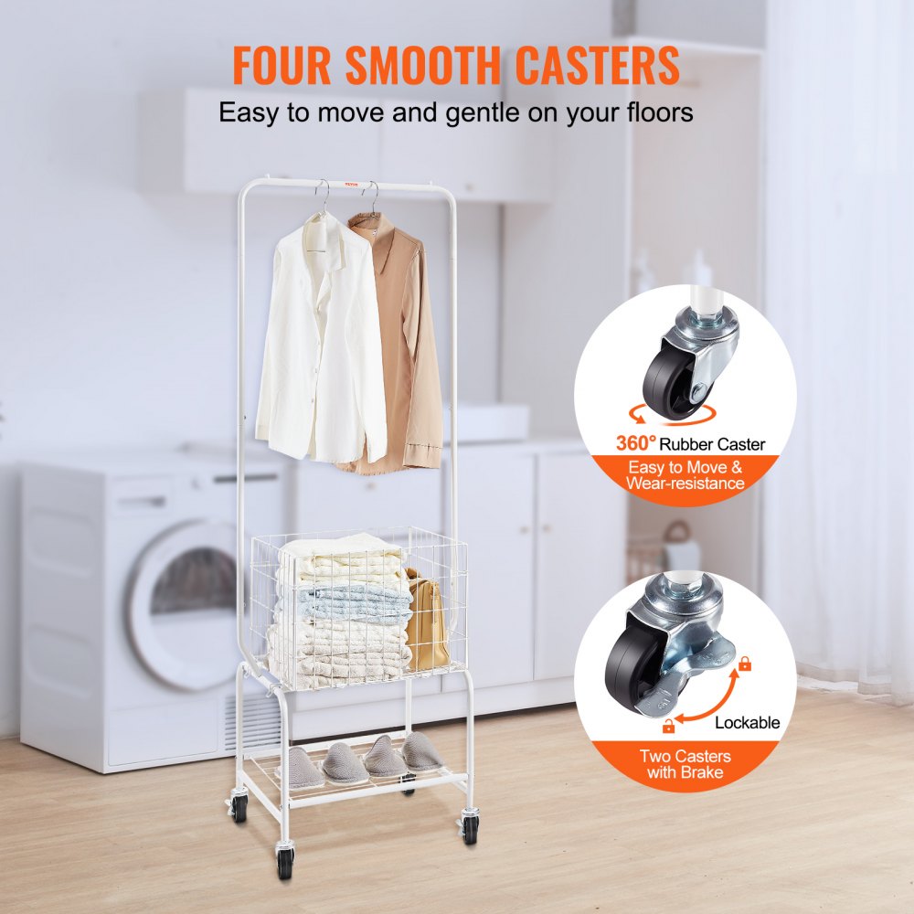 Metal Rolling Laundry Basket with Hanging Garment Rack, Height Adjustment Laundry Hamper Cart with Basket Load and Shelf Load, Storage Organizer with Heavy Duty Lockable Wheels