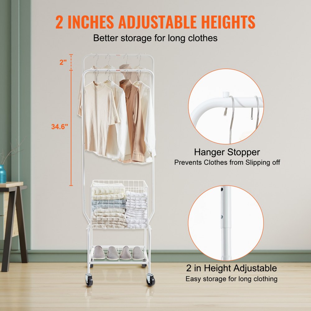 Metal Rolling Laundry Basket with Hanging Garment Rack, Height Adjustment Laundry Hamper Cart with Basket Load and Shelf Load, Storage Organizer with Heavy Duty Lockable Wheels