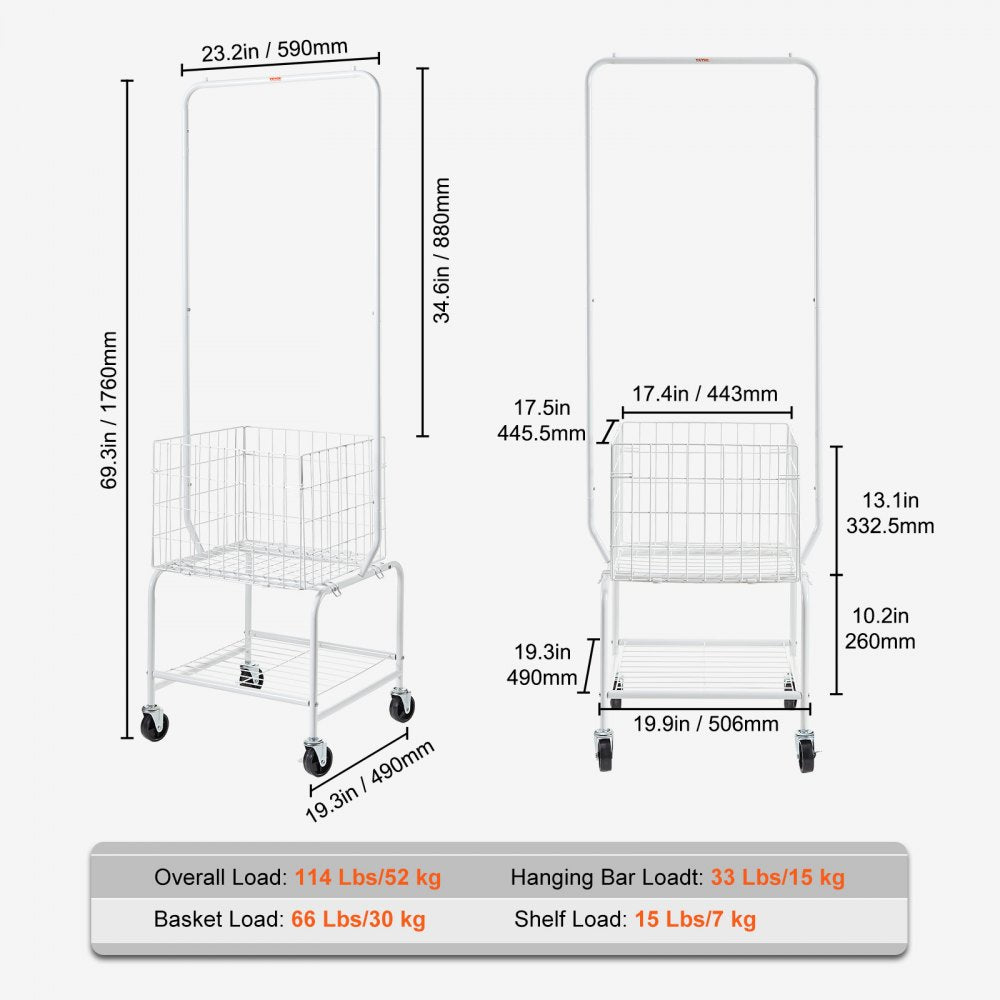 Metal Rolling Laundry Basket with Hanging Garment Rack, Height Adjustment Laundry Hamper Cart with Basket Load and Shelf Load, Storage Organizer with Heavy Duty Lockable Wheels