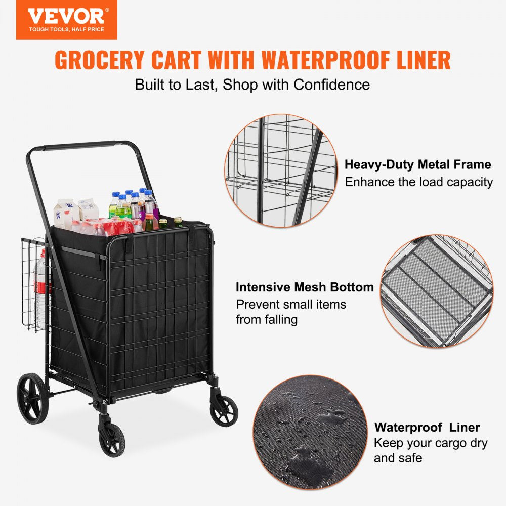 Folding Shopping Cart with Removable Waterproof Liner, 330LBS Large Capacity Jumbo Grocery Cart with Dual Basket, 360° Swivel Wheels, Dense Metal Mesh Base, Heavy Duty Utility Cart for Shopping