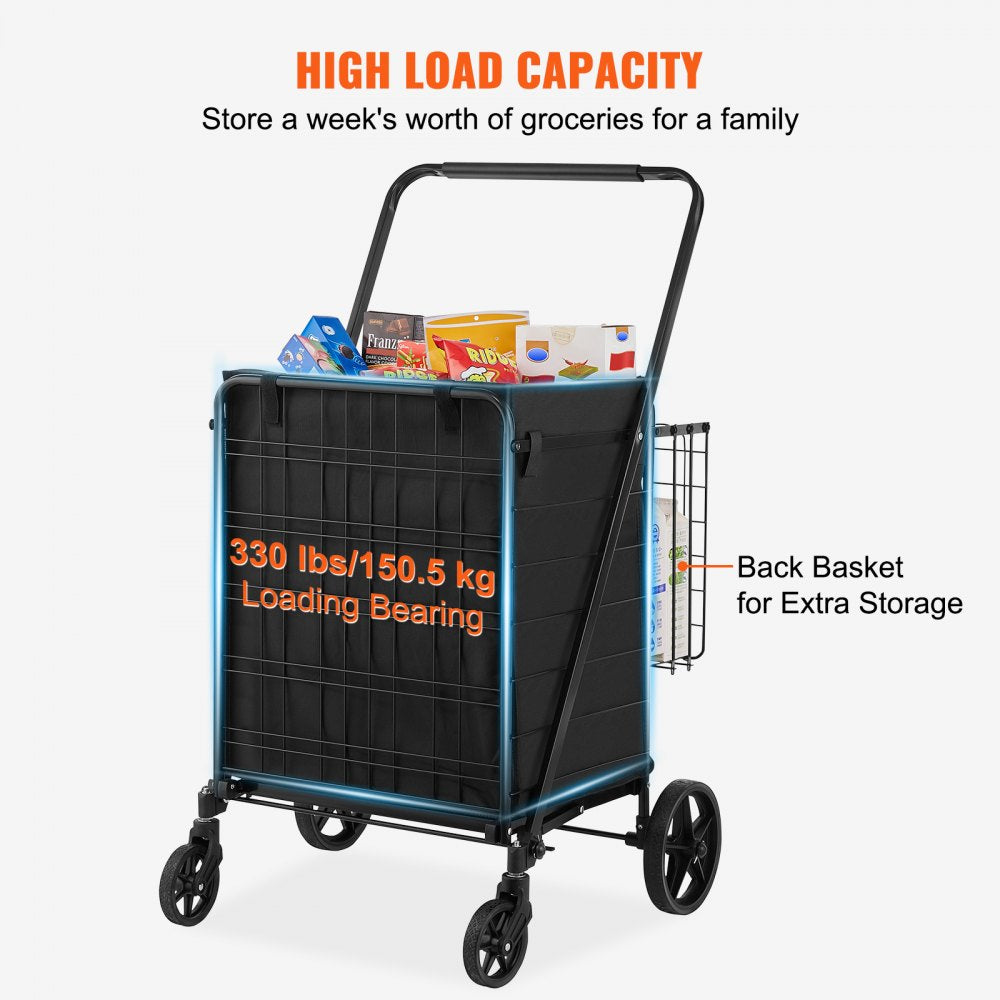Folding Shopping Cart with Removable Waterproof Liner, 330LBS Large Capacity Jumbo Grocery Cart with Dual Basket, 360° Swivel Wheels, Dense Metal Mesh Base, Heavy Duty Utility Cart for Shopping