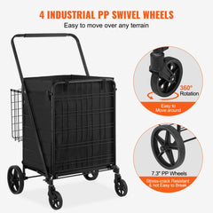 Folding Shopping Cart with Removable Waterproof Liner, 330LBS Large Capacity Jumbo Grocery Cart with Dual Basket, 360° Swivel Wheels, Dense Metal Mesh Base, Heavy Duty Utility Cart for Shopping