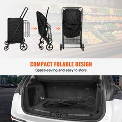 Folding Shopping Cart with Removable Waterproof Liner, 330LBS Large Capacity Jumbo Grocery Cart with Dual Basket, 360° Swivel Wheels, Dense Metal Mesh Base, Heavy Duty Utility Cart for Shopping