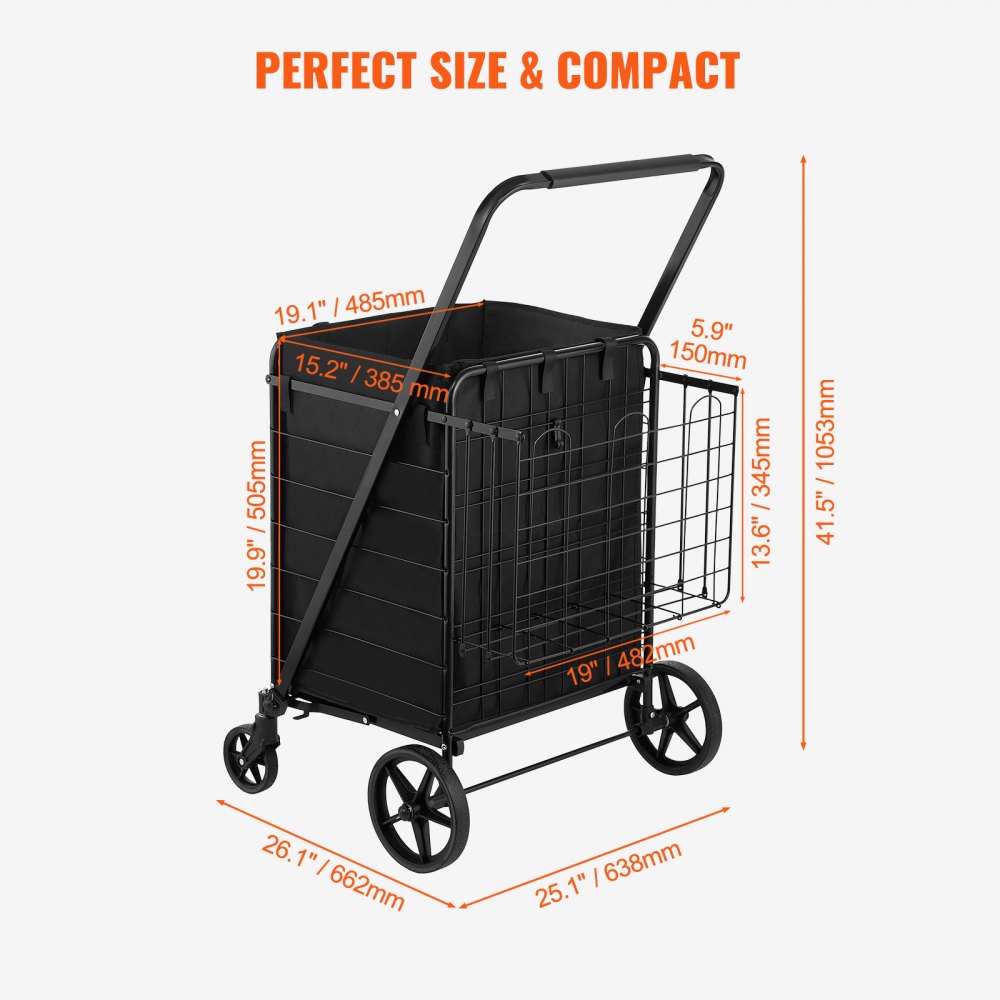 Folding Shopping Cart with Removable Waterproof Liner, 330LBS Large Capacity Jumbo Grocery Cart with Dual Basket, 360° Swivel Wheels, Dense Metal Mesh Base, Heavy Duty Utility Cart for Shopping