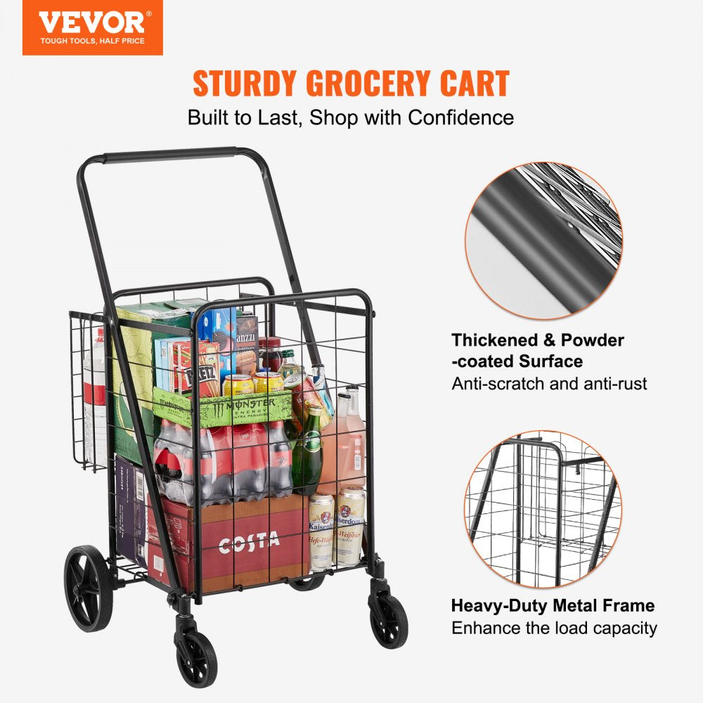 Folding Shopping Cart, Jumbo Grocery Cart with Double Baskets, 360° Swivel Wheels, Heavy Duty Utility Cart, 110 LBS Large Capacity Utility Cart for Laundry, Shopping, Grocery, Luggage