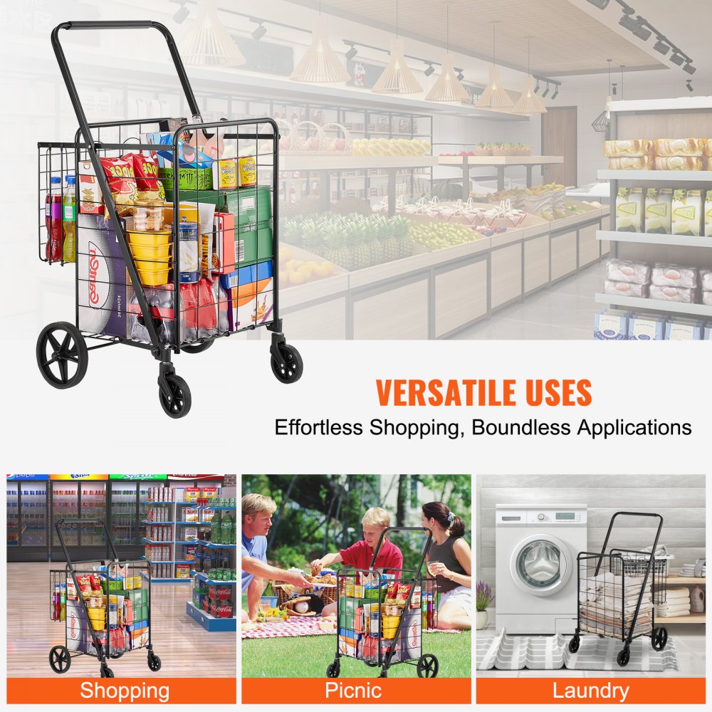 Folding Shopping Cart, Jumbo Grocery Cart with Double Baskets, 360° Swivel Wheels, Heavy Duty Utility Cart, 110 LBS Large Capacity Utility Cart for Laundry, Shopping, Grocery, Luggage