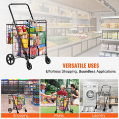 Folding Shopping Cart, Jumbo Grocery Cart with Double Baskets, 360° Swivel Wheels, Heavy Duty Utility Cart, 110 LBS Large Capacity Utility Cart for Laundry, Shopping, Grocery, Luggage