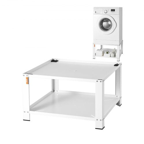 White steel laundry pedestal with storage shelf, 28x28x16 inches, holding a front-load washer.