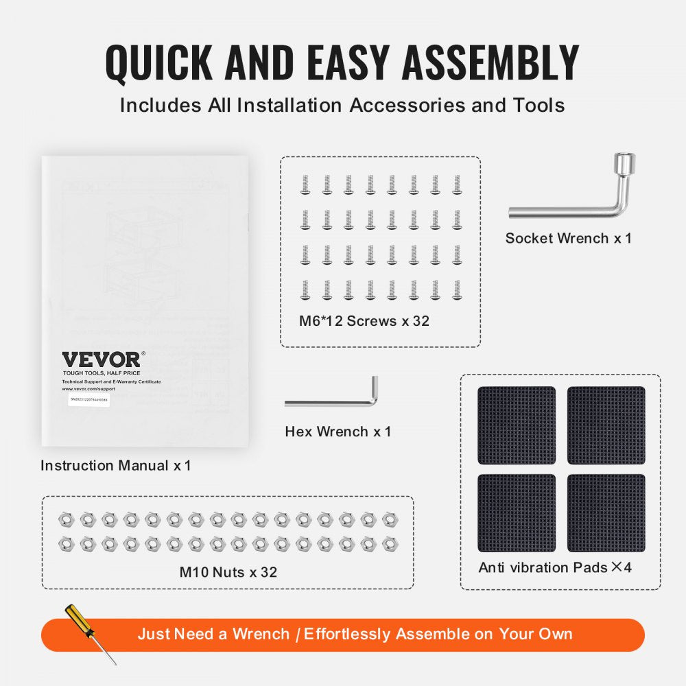Image showing quick and easy assembly kit for laundry pedestal, including instruction manual, M6 screws, M8 screws, M10 nuts, hex wrench, socket wrench, and anti-vibration pads.