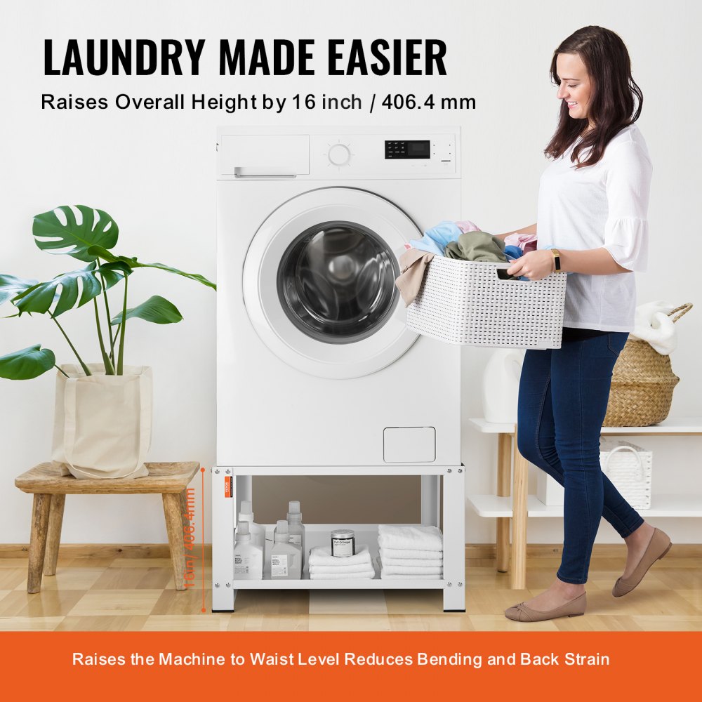 White steel laundry pedestal with storage shelf raises washer to waist height, shown with woman loading clothes.