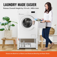 White steel laundry pedestal with storage shelf raises washer to waist height, shown with woman loading clothes.