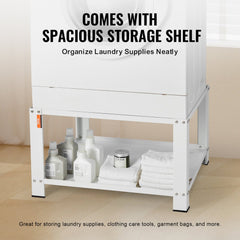 White steel laundry pedestal with storage shelf, 28x28x16 inches, holding detergents and towels.