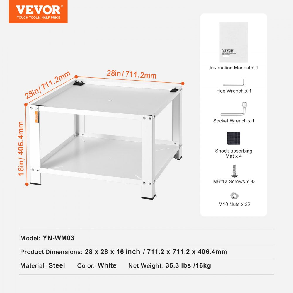 White steel laundry pedestal with storage shelf, measuring 28x28x16 inches.