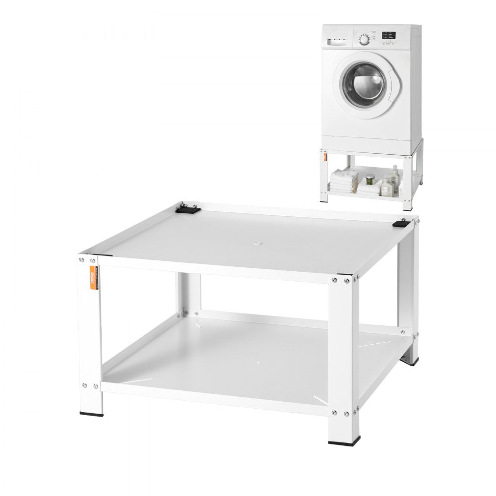 White steel laundry pedestal with storage shelf, 28x28x16 inches, elevating washer.