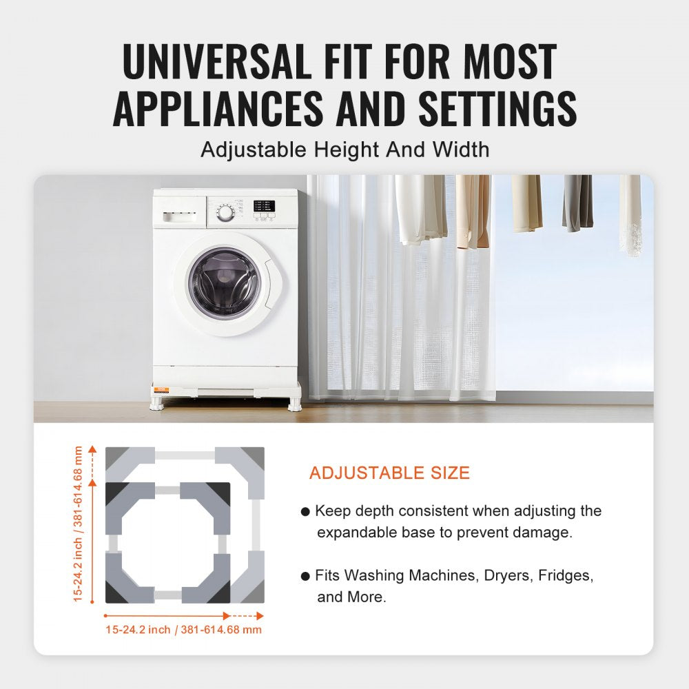 Adjustable stainless steel washing machine pedestal with a sturdy base and leveling tool.