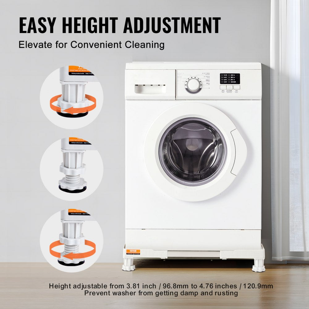 Stainless steel adjustable pedestal for washing machines, supports up to 800 lbs and includes leveling tool.