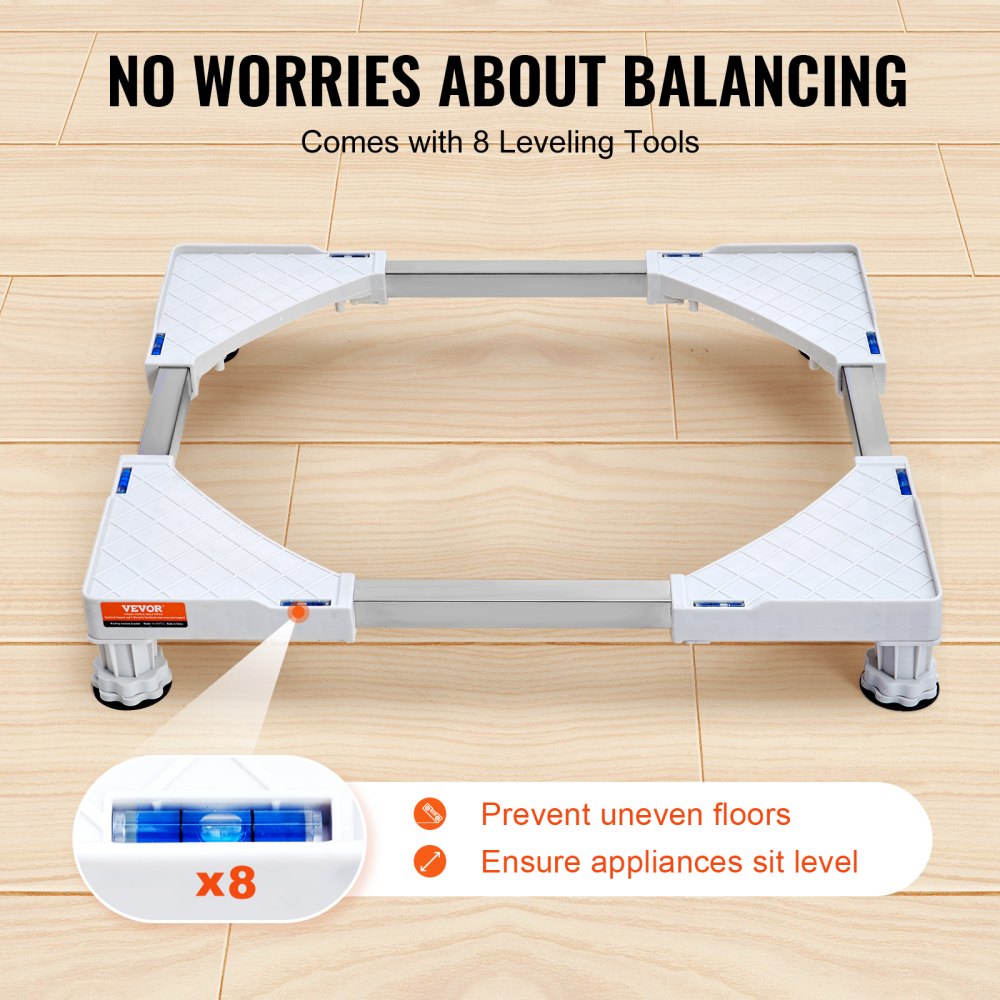 Stainless steel adjustable pedestal for washing machines, supporting up to 800 lbs.