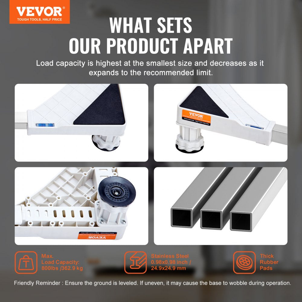 Adjustable laundry pedestal with expandable width from 16.3 to 27.2 inches, stainless steel frame, and anti-wobble features.