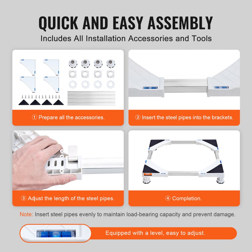 Diagram showing quick assembly steps for adjustable laundry pedestal with steel pipes, brackets, and tools.