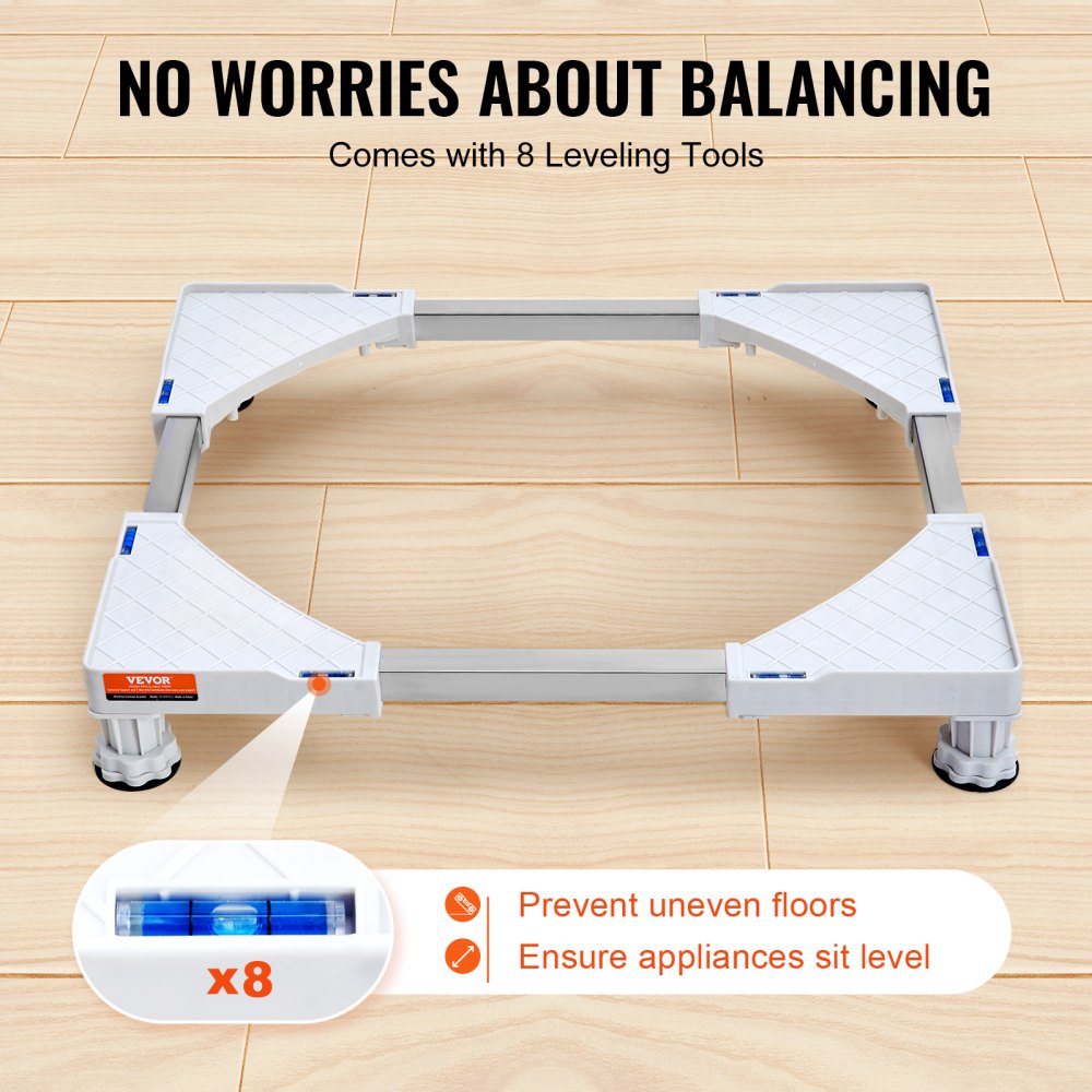 White adjustable expandable laundry pedestal with 8 leveling tools on wooden floor.