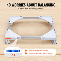 White adjustable expandable laundry pedestal with 8 leveling tools on wooden floor.