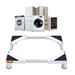 Adjustable universal laundry pedestal with white frame, black pads, and wheels, expandable 16.3-27.2 inches wide.