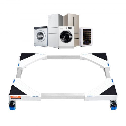 Adjustable universal laundry pedestal with expandable frame from 15 to 24.2 inches and lockable wheels.