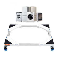 Adjustable universal laundry pedestal with expandable frame from 15 to 24.2 inches and lockable wheels.