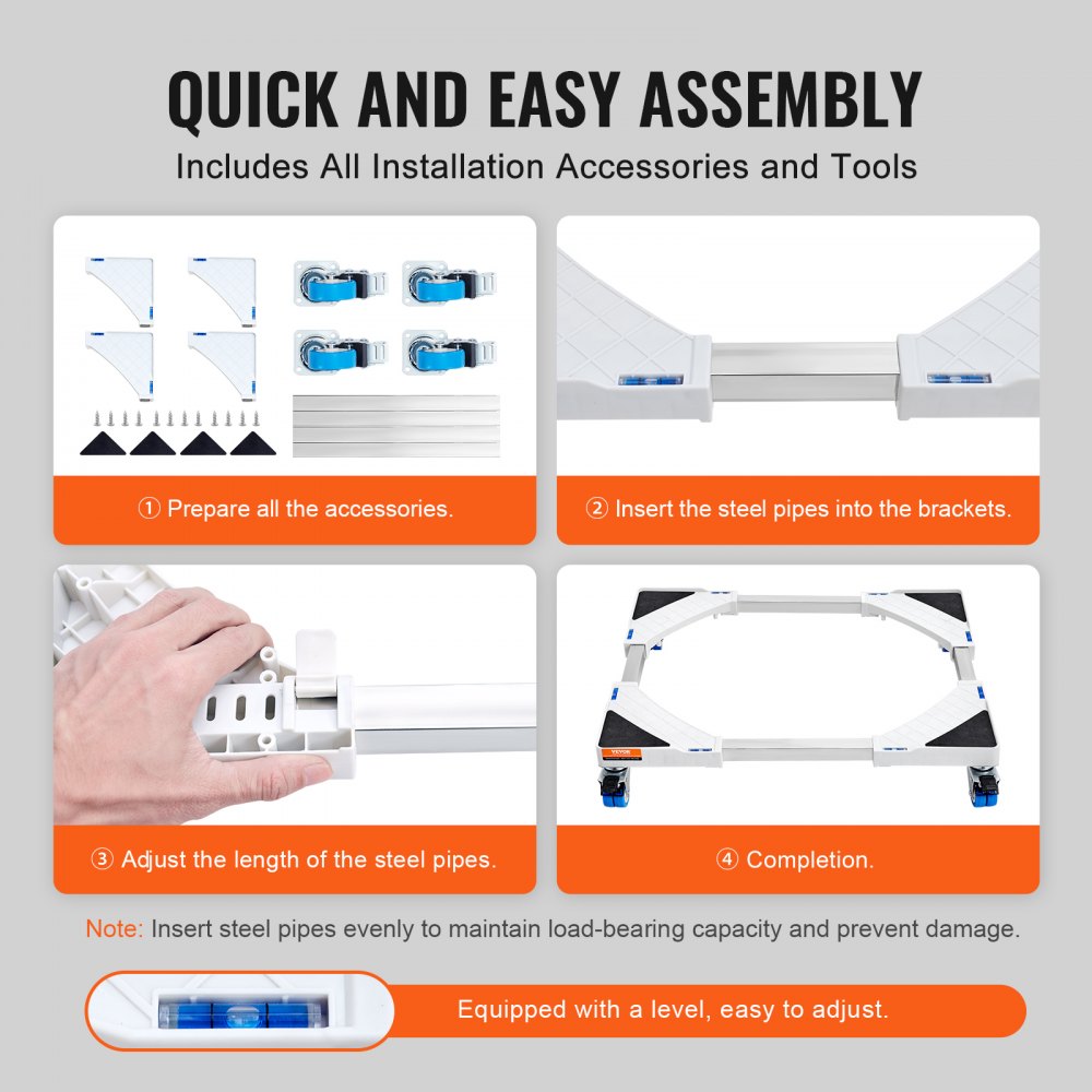 Infographic showing quick assembly steps for adjustable laundry pedestal with tools and brackets.