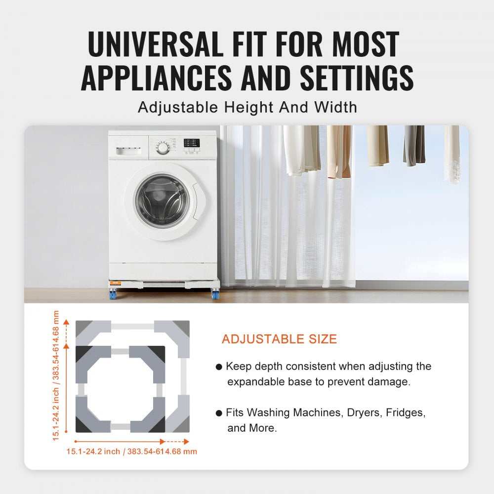 Adjustable universal laundry pedestal with expandable base from 15 to 24.2 inches for washers and dryers.