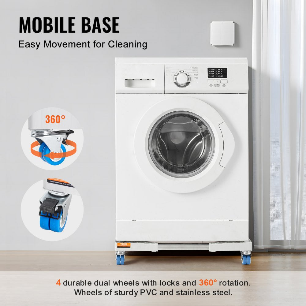 Adjustable universal laundry pedestal with 360-degree lockable wheels for a white washer.