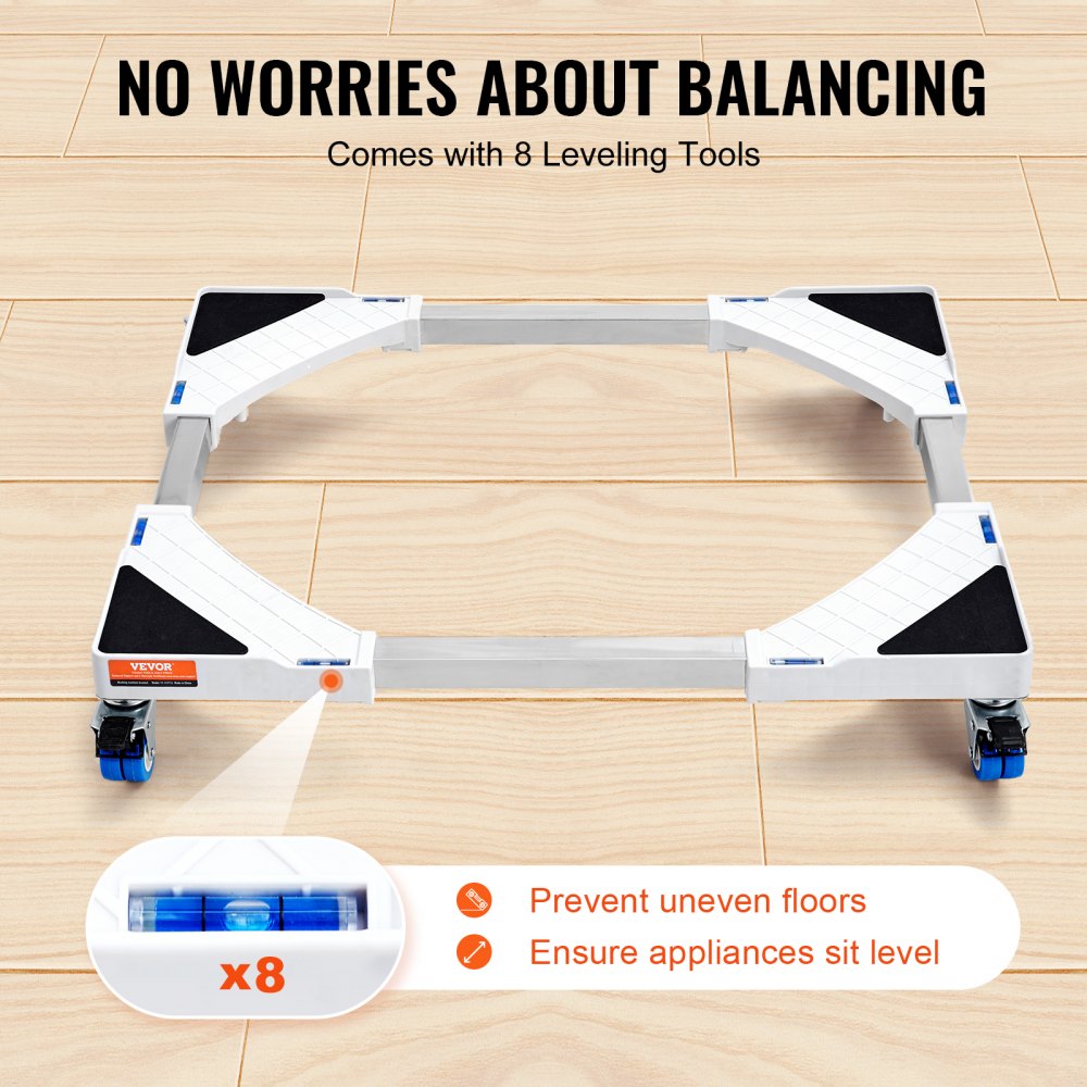 White adjustable laundry pedestal with expandable frame, wheels, and 8 leveling tools.