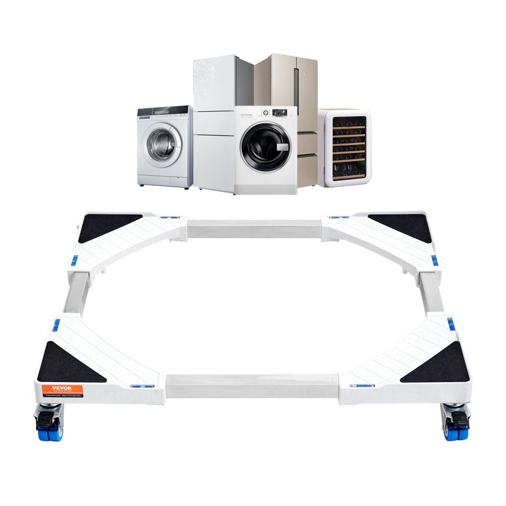 Adjustable universal laundry pedestal with white frame, lockable wheels, and expandable design for washers and dryers.