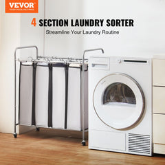 Laundry Sorter Cart 4 Section, Laundry Hamper with Heavy Duty Lockable Wheels and 4 Removable Bags, Rolling Laundry Basket Sorter for Clothes Storage