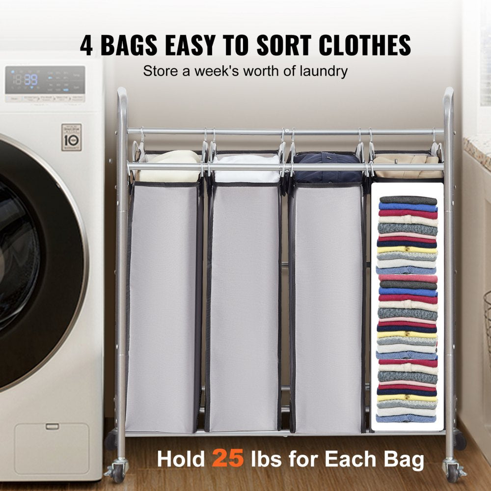 Laundry Sorter Cart 4 Section, Laundry Hamper with Heavy Duty Lockable Wheels and 4 Removable Bags, Rolling Laundry Basket Sorter for Clothes Storage