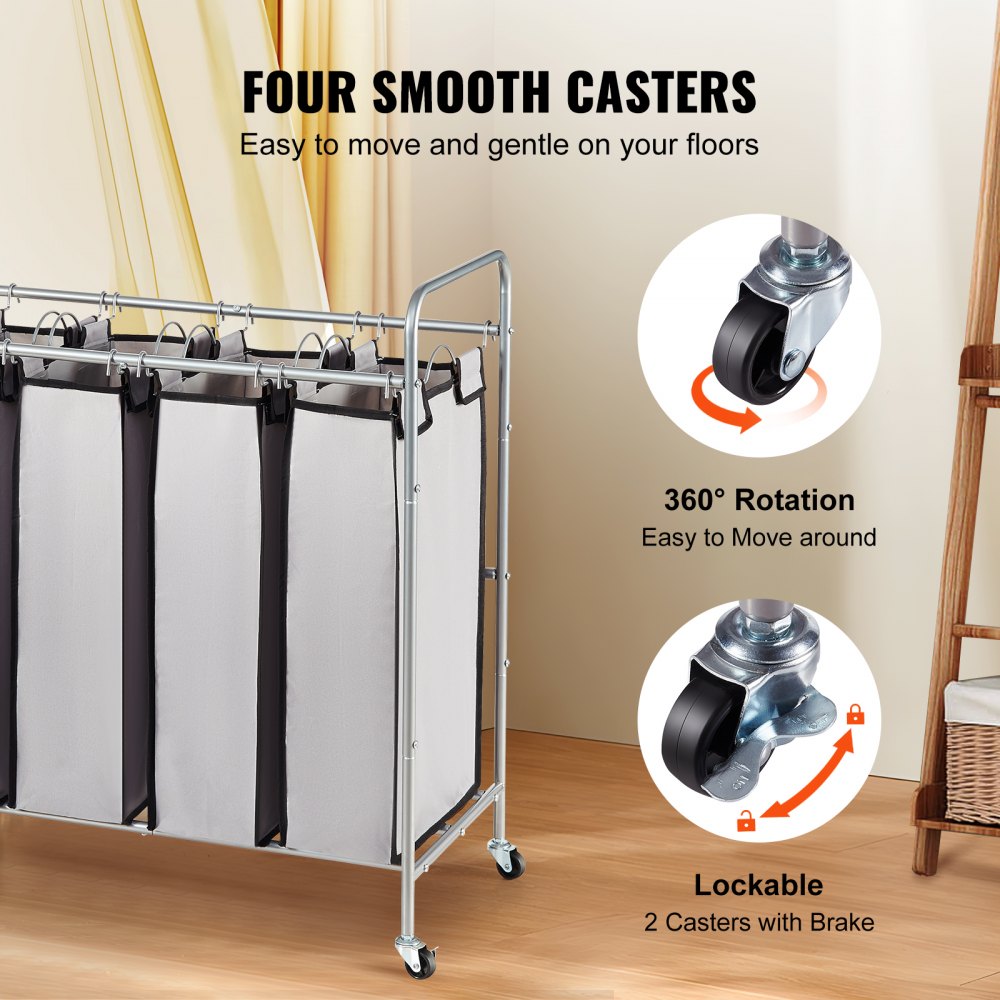 Laundry Sorter Cart 4 Section, Laundry Hamper with Heavy Duty Lockable Wheels and 4 Removable Bags, Rolling Laundry Basket Sorter for Clothes Storage