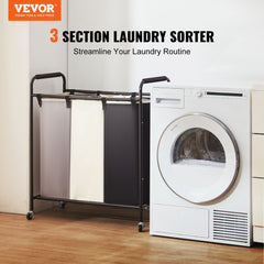3-Section Laundry Basket, Heavy Duty Laundry Hamper Storage Organizer, Laundry Sorter Cart with Heavy Duty Lockable Wheels for Dirty Clothes in Laundry Room Bedroom