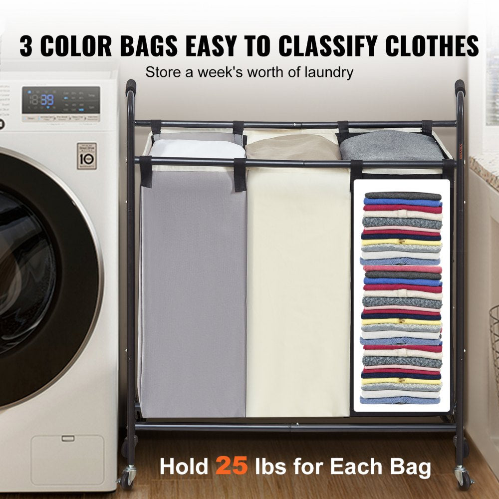 3-Section Laundry Basket, Heavy Duty Laundry Hamper Storage Organizer, Laundry Sorter Cart with Heavy Duty Lockable Wheels for Dirty Clothes in Laundry Room Bedroom