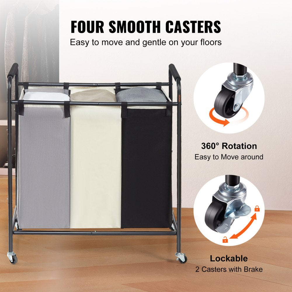 3-Section Laundry Basket, Heavy Duty Laundry Hamper Storage Organizer, Laundry Sorter Cart with Heavy Duty Lockable Wheels for Dirty Clothes in Laundry Room Bedroom