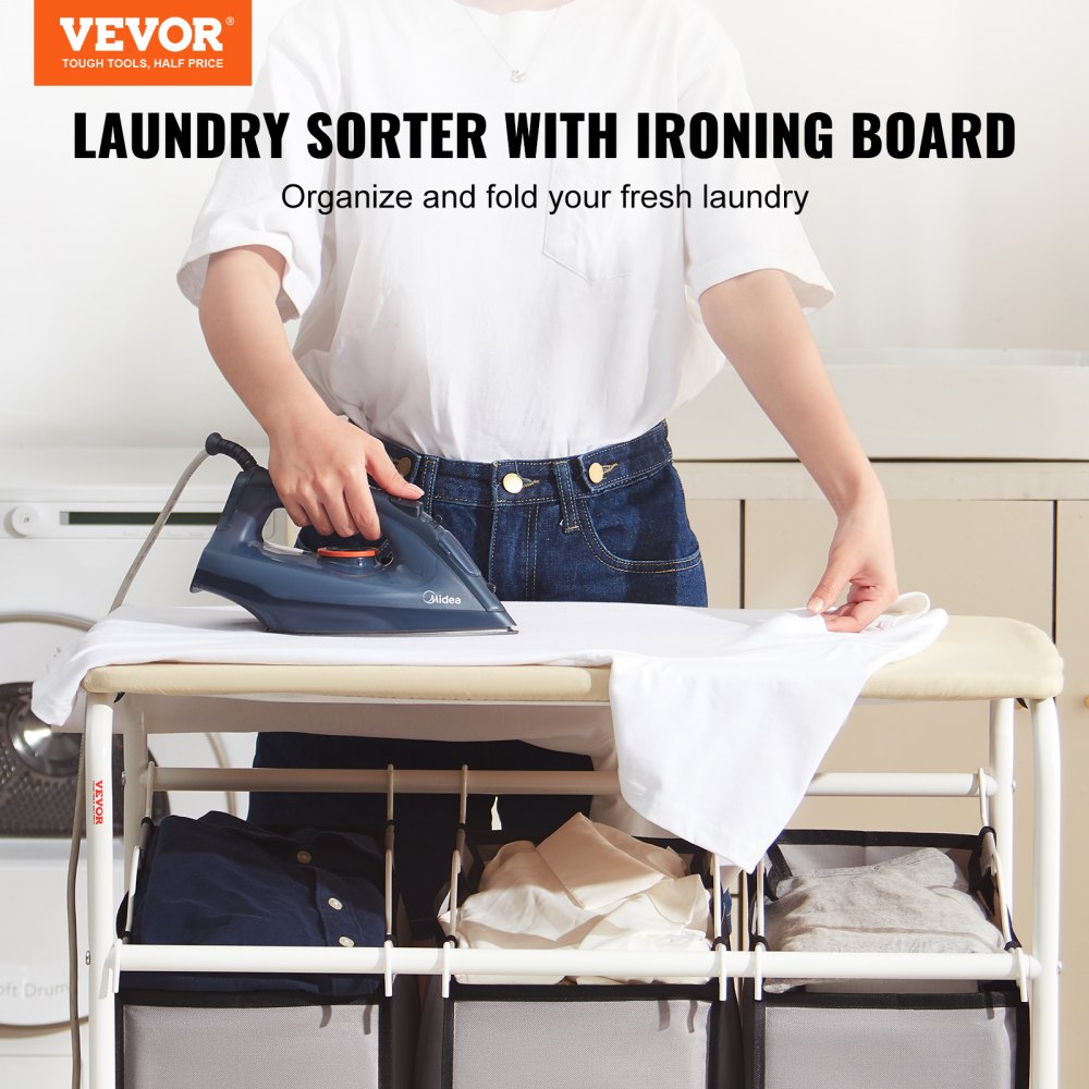 3-Section Laundry Sorter Cart with Ironing Board, Laundry Hamper with Heavy Duty Lockable Wheels and 3 Removable Bag, Rolling Laundry Basket Sorter for Clothes Storage