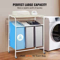3-Section Laundry Sorter Cart with Ironing Board, Laundry Hamper with Heavy Duty Lockable Wheels and 3 Removable Bag, Rolling Laundry Basket Sorter for Clothes Storage