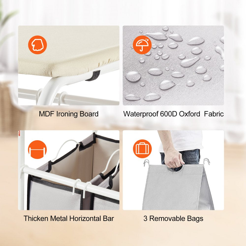 3-Section Laundry Sorter Cart with Ironing Board, Laundry Hamper with Heavy Duty Lockable Wheels and 3 Removable Bag, Rolling Laundry Basket Sorter for Clothes Storage