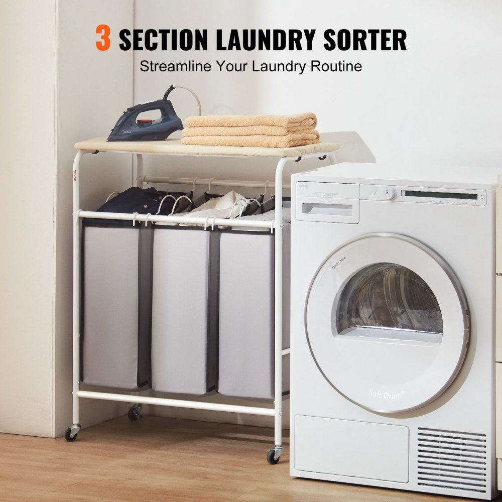 3-Section Laundry Sorter Cart with Ironing Board, Laundry Hamper with Heavy Duty Lockable Wheels and 3 Removable Bag, Rolling Laundry Basket Sorter for Clothes Storage